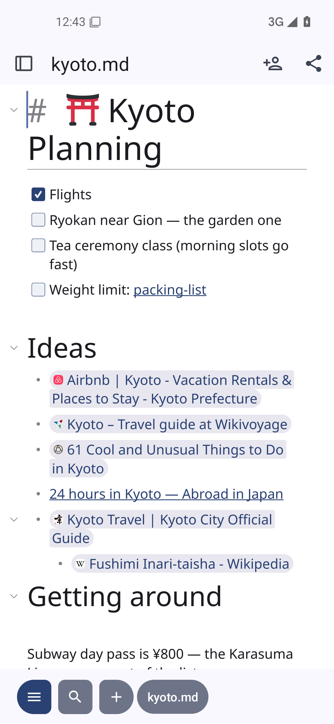 Lockbook on Android: the Kyoto planning note with a checklist and travel links