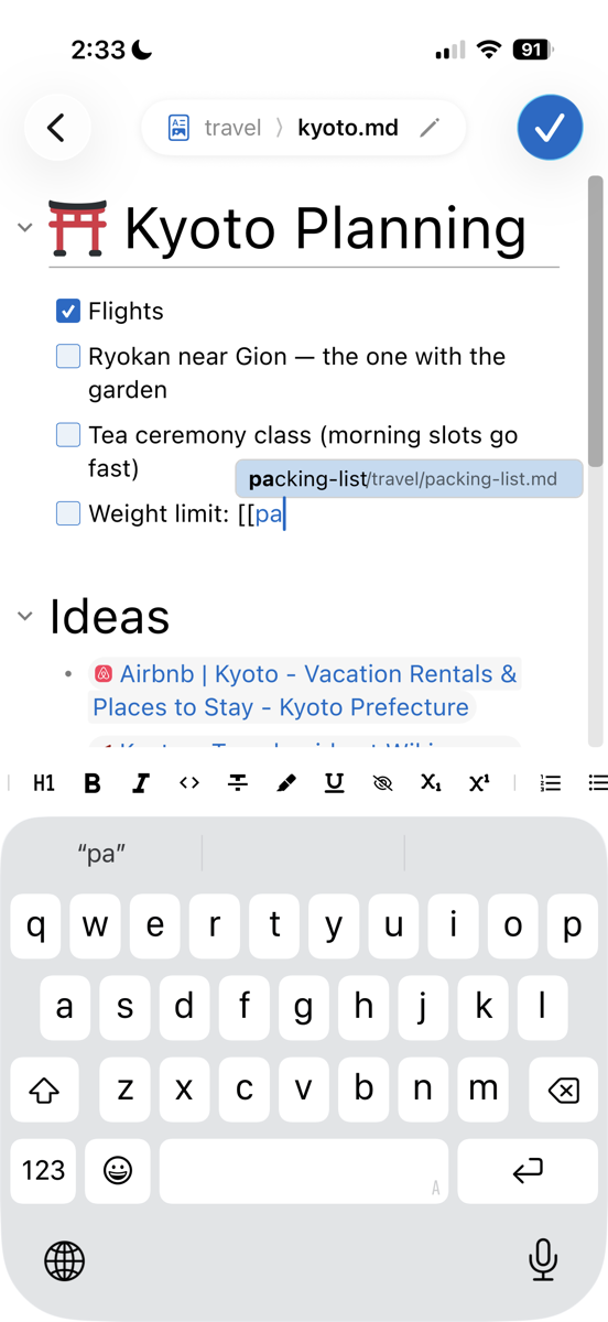 Lockbook on iPhone: editing a Markdown note