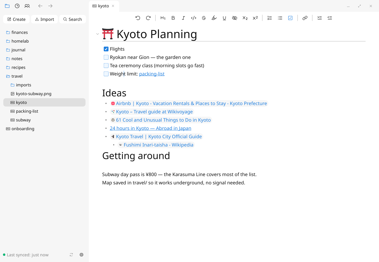 Lockbook desktop: the Kyoto planning note open beside the file tree