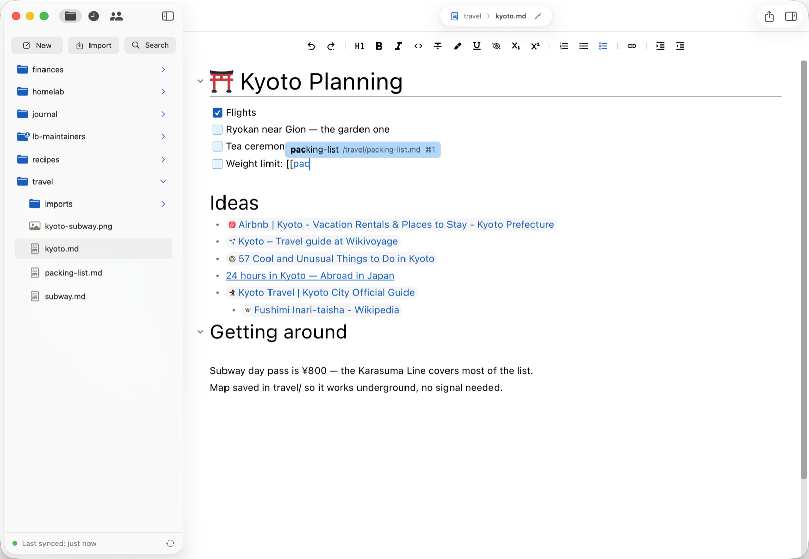 Lockbook on macOS: a Markdown note open beside the file tree